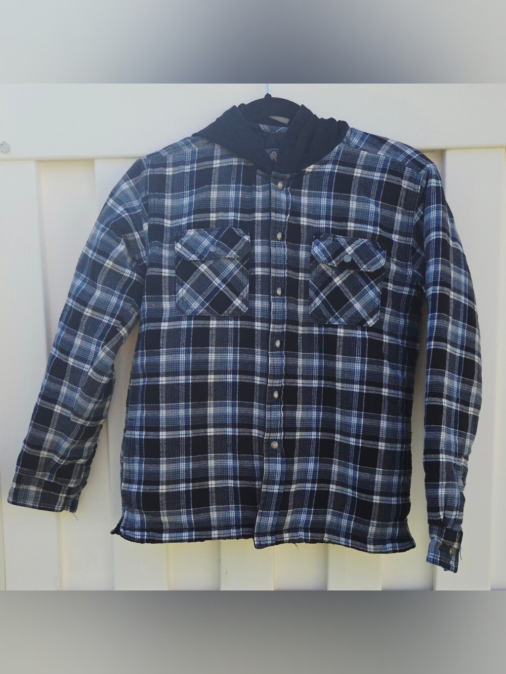 Boys Blue Plaid Button-Down Shirt Jacket with Hood Size Large. Outdoors, Hiking